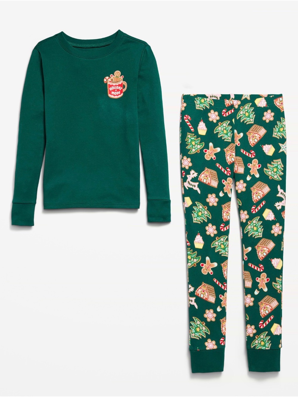 Old Navy Green Holiday Gingerbread and Tree Pajama Set